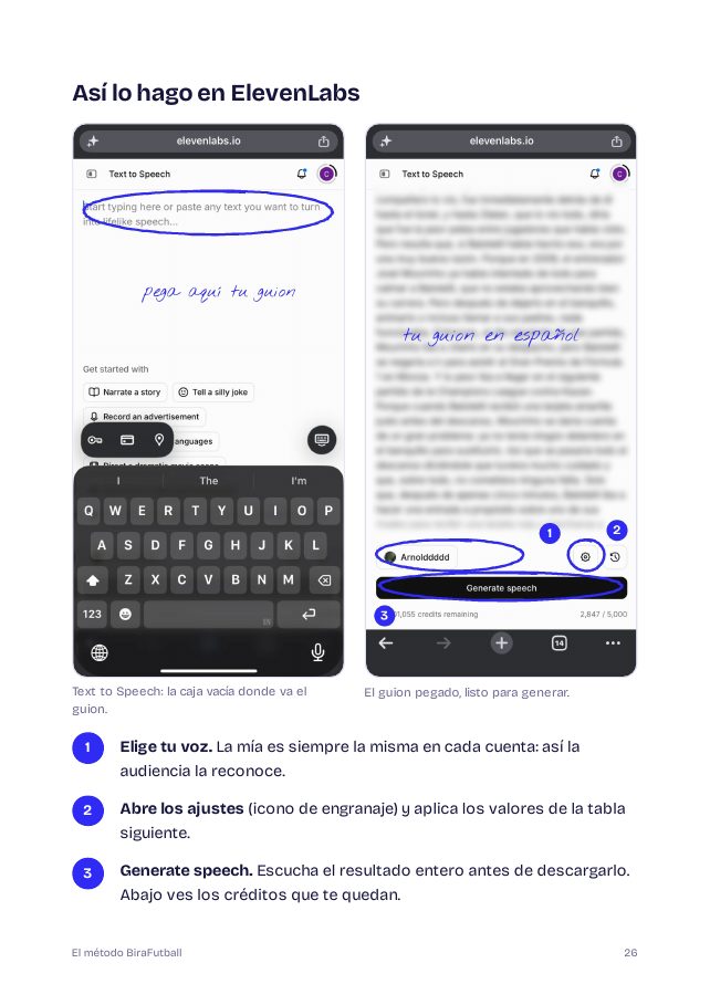 Página de la guía: capturas anotadas de ElevenLabs